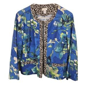 Chicos Jacket size 2 LARGE Watercolor BlueFloral Animal Print Art To Wear Croppe